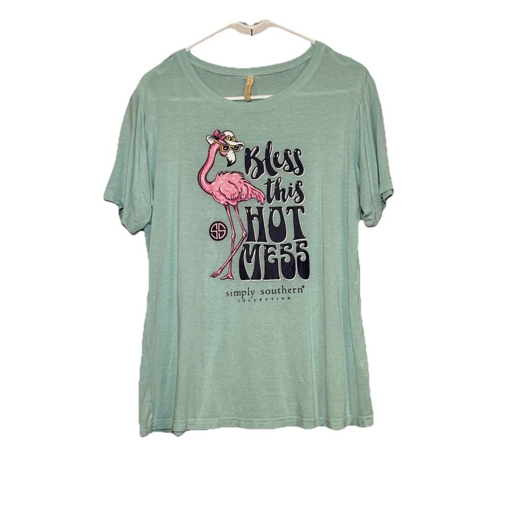 Simply Southern Large Tee Mint Green Flamingo Bless This Hot Mess Graphic Tshirt